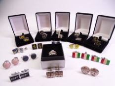 SILVER & OTHER GENTLEMEN' CUFFLINKS, 16 PAIRS and a diamante set double dress ring, cufflinks