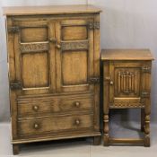 REPRODUCTION OAK TALLBOY & SIMILAR POT CUPBOARD, the tallboy with iron hinges holding twin peg-