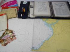 VINTAGE OS MAPS, marine charts with a quantity of foreign banknotes and coin currency