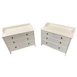 PAINTED PINE EFFECT RAILBACK BEDROOM CHESTS (2) having two short over two long drawers with drop