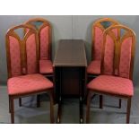 REPRODUCTION MAHOGANY DINING SUITE of drop-leaf table and four chairs, 73.5cms H, 100cms L, 34cms