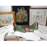 VINTAGE HOUSEHOLD LINEN and three framed needlework pictures
