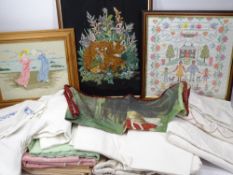 VINTAGE HOUSEHOLD LINEN and three framed needlework pictures