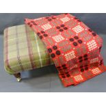 VINTAGE WELSH WOOLLEN BLANKET and a modern tartan covered footstool on brass castors, the blanket