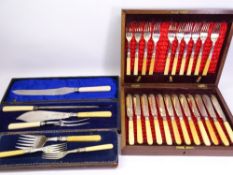 CASED CANTEEN OF BONE HANDLED FISH KNIVES & FORKS, cased bone handled servers and a cased carving