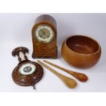 CIRCA 1900 MAHOGANY MANTEL CLOCK, carved walnut barometer with thermometer and a treen salad bowl