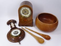 CIRCA 1900 MAHOGANY MANTEL CLOCK, carved walnut barometer with thermometer and a treen salad bowl