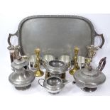 PERIOD PEWTER FOUR PIECE TEA SERVICE WITH TRAY, Kirk Stieff pewter drink cups and a small mixed