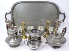 PERIOD PEWTER FOUR PIECE TEA SERVICE WITH TRAY, Kirk Stieff pewter drink cups and a small mixed