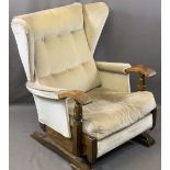 VINTAGE STYLE OAK FRAMED ROCKING WING-BACK ARMCHAIR with button upholstery, 87.5cms H, 64cms W,