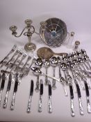 SILVER TOPPED DRESSING TABLE BOTTLES, King's pattern plated cutlery and other white metal goods
