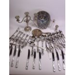 SILVER TOPPED DRESSING TABLE BOTTLES, King's pattern plated cutlery and other white metal goods