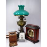 VINTAGE OIL LAMP (Converted), Post Office voltmeter and a modern mantel clock