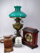 VINTAGE OIL LAMP (Converted), Post Office voltmeter and a modern mantel clock