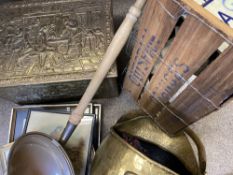 REPOUSSE BRASS LIDDED COAL BOX, scuttle, warming pan, advertising crate and a quantity of framed