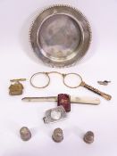 SMALL SILVER, gilt metal lorgnettes and other collectables, a mixed quantity to include a 12.5cms