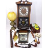 A VICTORIAN CONSTABULARY TRUNCHEON, wall mirror, smoking pipes, a modern pendulum wall clock, oil