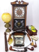 A VICTORIAN CONSTABULARY TRUNCHEON, wall mirror, smoking pipes, a modern pendulum wall clock, oil