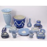 WEDGWOOD JASPERWARE PLANTER 16cms tall, 18cms diameter, other Blue & White Wedgwood Jasperware and a