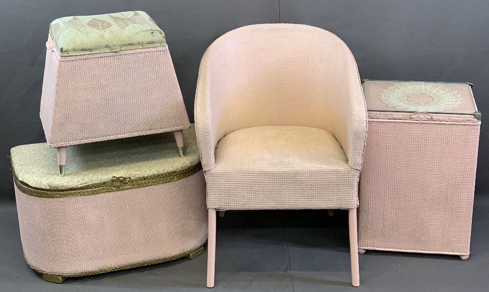 LLOYD LOOM STYLE PINK BEDROOM FURNITURE, FOUR ITEMS to include a spring seated armchair, 75cms H,