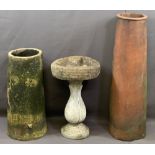 VINTAGE CYLINDRICAL CHIMNEY POTS (2) and a reconstituted stone bird bath with incised verse to the