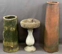 VINTAGE CYLINDRICAL CHIMNEY POTS (2) and a reconstituted stone bird bath with incised verse to the