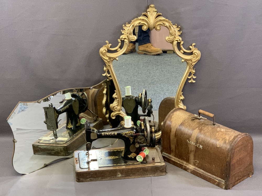 VINTAGE CASED SINGER SEWING MACHINE and two wall mirrors including a fancy gilt framed example,