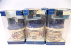 LAMBS NAVY RUM POTTERY FLAGON DECANTERS (3), all boxed, two having contents, the fronts showing