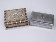 ANGLO INDIAN BONE & TORTOISE SHELL TRINKET BOX and a Galleon decorated chrome cigarette box, 16