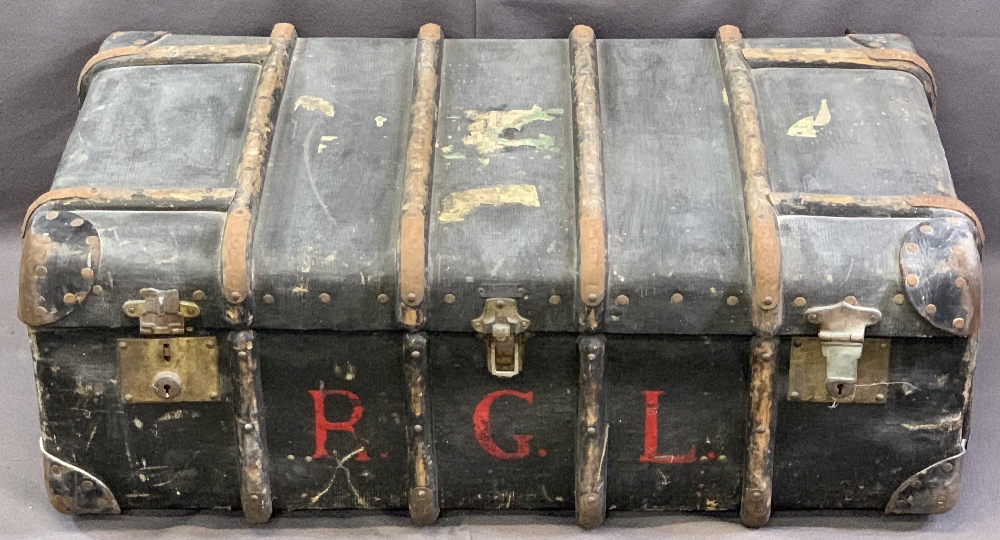 VINTAGE WOODEN BANDED STEAMER TRUNK with lift-out interior tray and leather carry handles initialled - Image 3 of 4