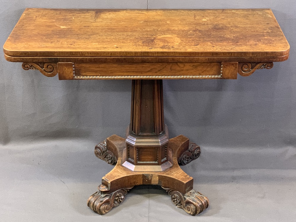 REGENCY MAHOGANY FOLDOVER TEA TABLE with beaded and scroll frieze detail on a segmented stepped