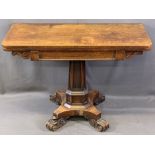 REGENCY MAHOGANY FOLDOVER TEA TABLE with beaded and scroll frieze detail on a segmented stepped