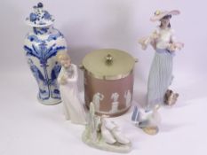 WEDGWOOD JASPERWARE 'Pink' Coloured Ginger Jar, Lladro figurine of a bonneted lady, three other