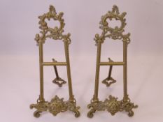 ROCOCO STYLE BRASS TABLETOP EASELS, A PAIR, 31cms H