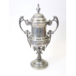 EPNS TROPHY - twin-handled with lid, 38cms H