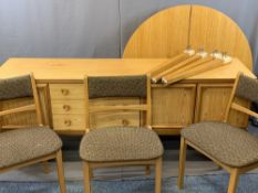 MID-CENTURY TEAK STYLE BEAUTILITY SIDEBOARD, 73cms H, 185cms W, 47cms D, a circular extending dining