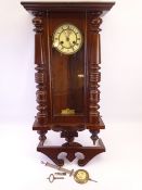 VINTAGE WALNUT CASED VIENNA STYLE WALLCLOCK, 87cms overall H with pendulum and winding key