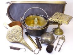 BRASS FIRE BELLOWS, folding spit guard, three jam pans/skillets and other metalware