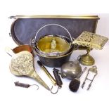 BRASS FIRE BELLOWS, folding spit guard, three jam pans/skillets and other metalware