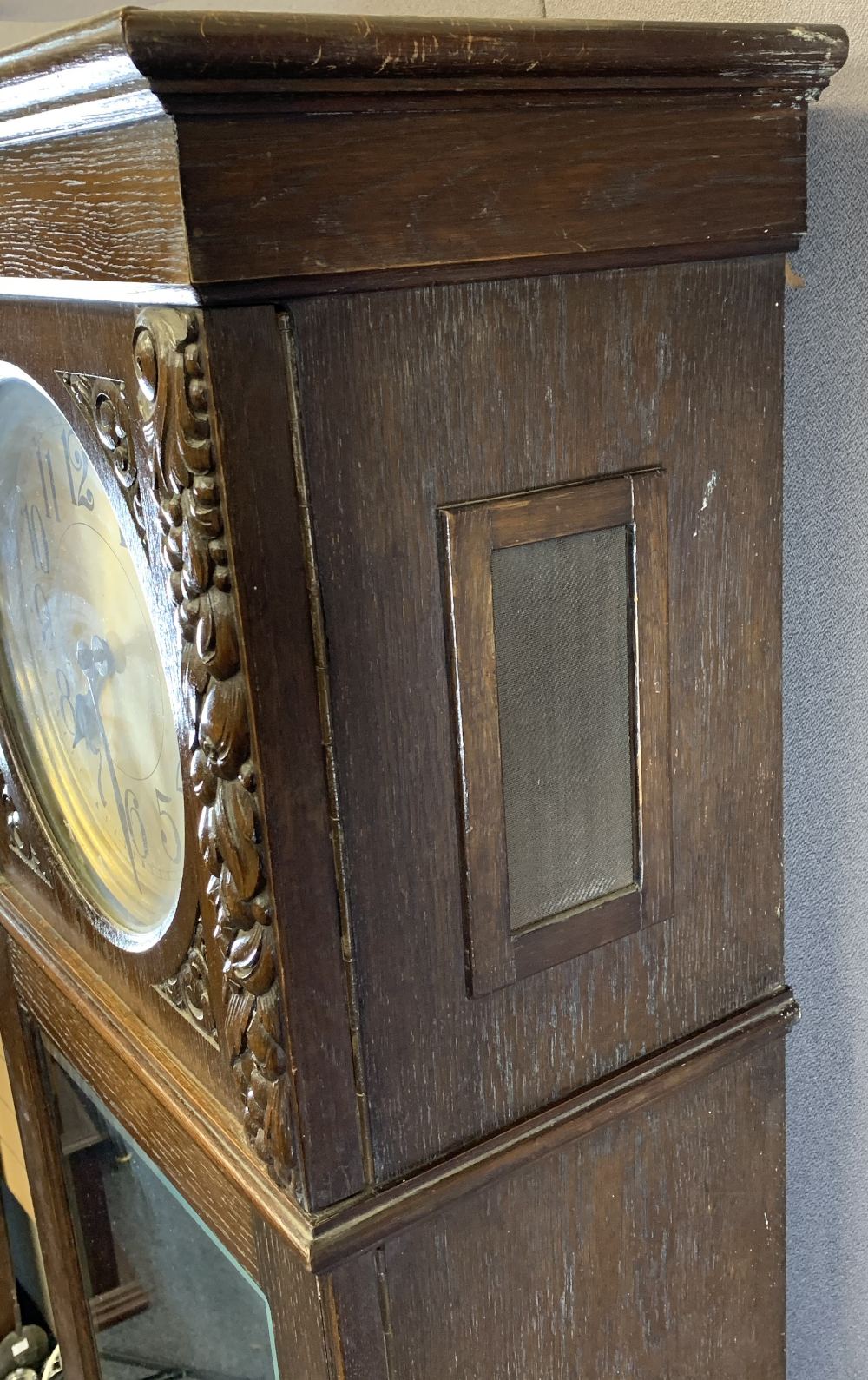 EARLY 20TH CENTURY CARVED LONGCASE CLOCK with silvered circular dial, twin weight, pendulum driven - Image 5 of 14