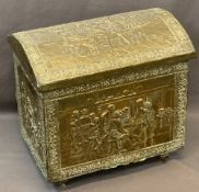 DOME TOP REPOUSSE BRASS COAL BOX on castors, the panels depicting tavern interiors, 48cms H, 51cms