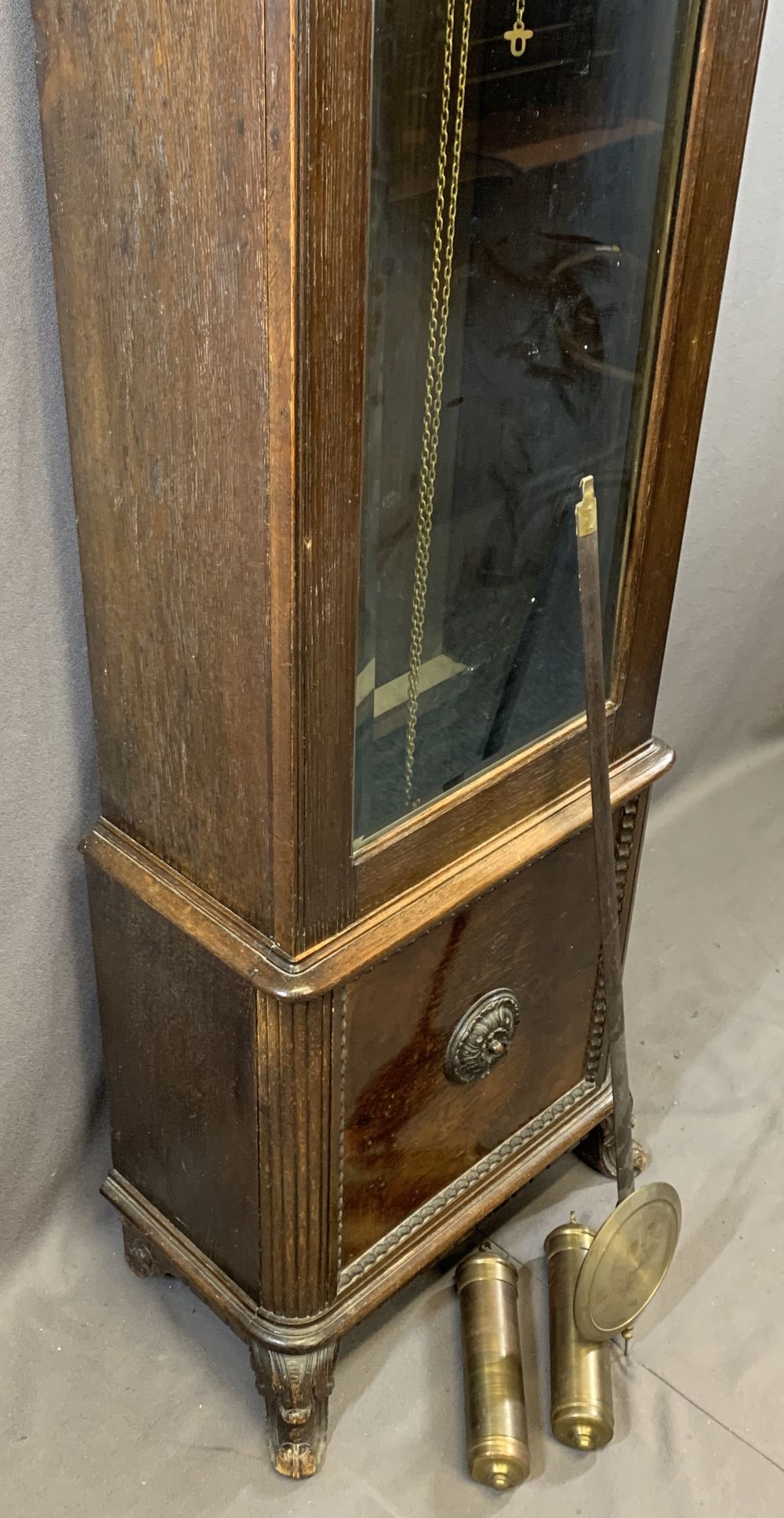 EARLY 20TH CENTURY CARVED LONGCASE CLOCK with silvered circular dial, twin weight, pendulum driven - Image 4 of 14