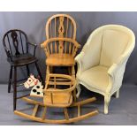 WINDSOR STYLE CHAIR FOR A CHILD in lightwood and another, also a child's rocking horse chair
