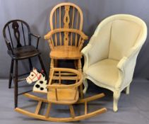 WINDSOR STYLE CHAIR FOR A CHILD in lightwood and another, also a child's rocking horse chair