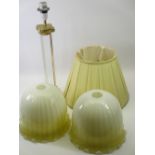 LIGHTING - a contemporary glass and brass effect table lamp, 53cms and shade and a pair of ornate