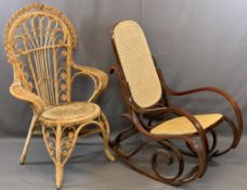 REPRODUCTION BENTWOOD ROCKER and a canework garden room armchair, 93cms H, 55cms W, 92cms overall