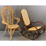 REPRODUCTION BENTWOOD ROCKER and a canework garden room armchair, 93cms H, 55cms W, 92cms overall