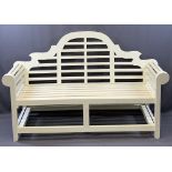 WOODEN GARDEN BENCH - painted and with shaped back, 104cms H, 166cms W, 64cms D