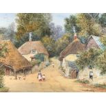 R T WILDING watercolour - titled 'Cockington Forge', Devon - figures on a lane with thatched