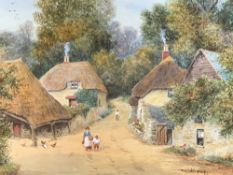 R T WILDING watercolour - titled 'Cockington Forge', Devon - figures on a lane with thatched